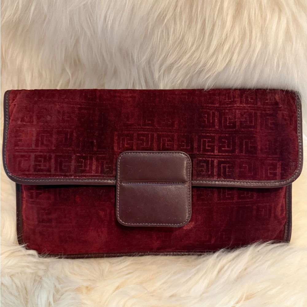 Pierre Balmain Vintage 1970s Burgundy Embossed Suede & Leather Monogram Clutch